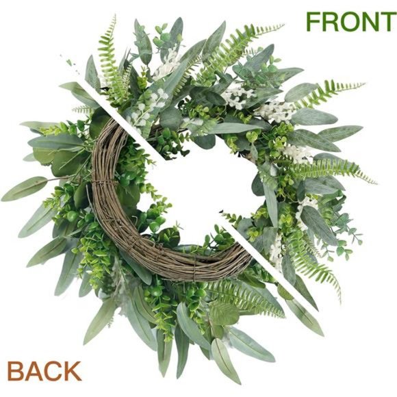 Green Artificial Eucalyptus Wreath with Welcome Sign 20in Mixed White Berries - Picture 4 of 7